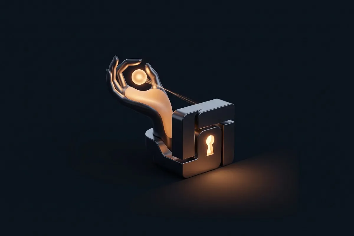 A dark metallic hand rising from a padlock, holding a glowing orange sphere above a lit keyhole.